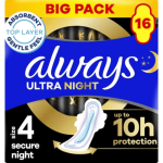 Always Ultra Sanitary Towels Secure Night (Size 4) With Wings 16 Pads